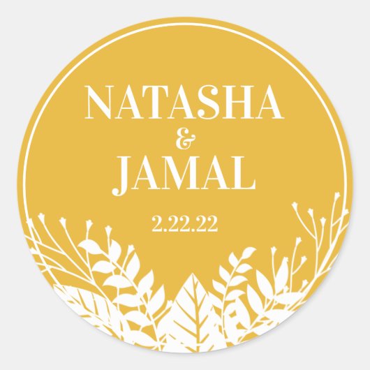 Moderne elegante witte bladeren, mosterdgeel goud ronde sticker (Voorkant)