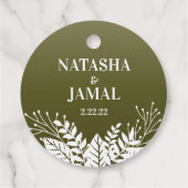 Moderne elegante witte bladeren, olijfgroen bedankjes labels (Achterkant)