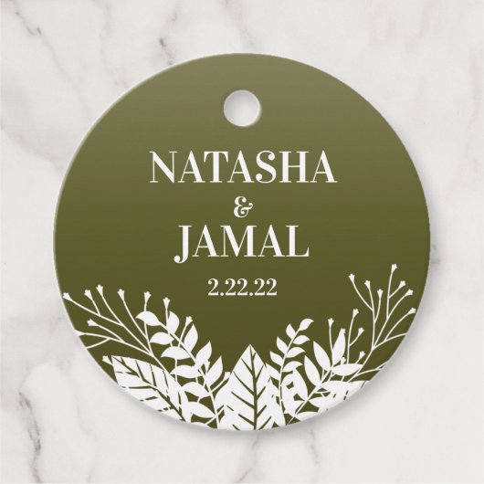 Moderne elegante witte bladeren, olijfgroen bedankjes labels (Voorkant)