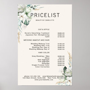 Moderne, elegante witte bloemen, prijslijst poster