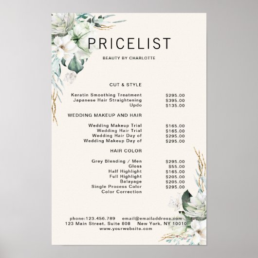 Moderne, elegante witte bloemen, prijslijst poster (Voorkant)