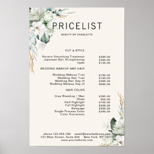 Moderne, elegante witte bloemen, prijslijst poster
