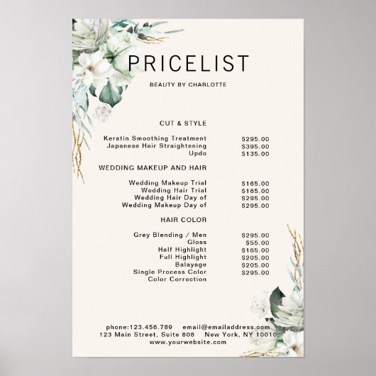 Moderne, elegante witte bloemen, prijslijst poster (Voorkant)