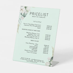 Moderne, elegante witte bloemen, prijslijst reclamebord met voetstuk