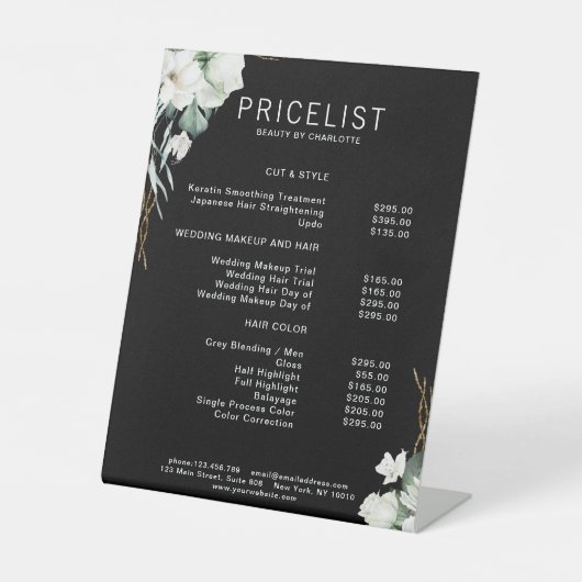 Moderne, elegante witte bloemen, prijslijst reclamebord met voetstuk (Voorkant)