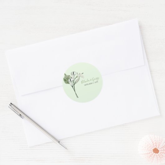 Moderne elegante witte Calla lelies bruiloft Ronde Sticker (Envelop)