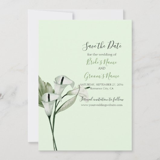 Moderne elegante witte Calla lelies bruiloft Save The Date (Voorkant)