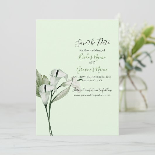 Moderne elegante witte Calla lelies bruiloft Save The Date (Staand voorkant)