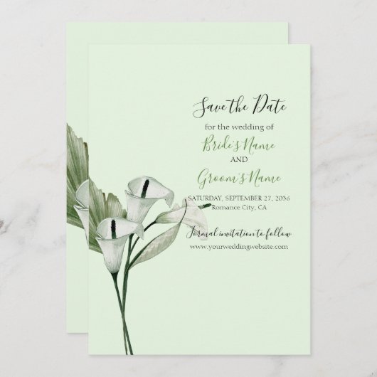 Moderne elegante witte Calla lelies bruiloft Save The Date (Voorkant / Achterkant)