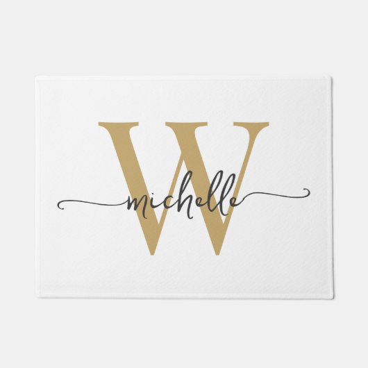 Moderne Elegante Witte en Gouden Monogram Naam Let Deurmat (Voorkant)