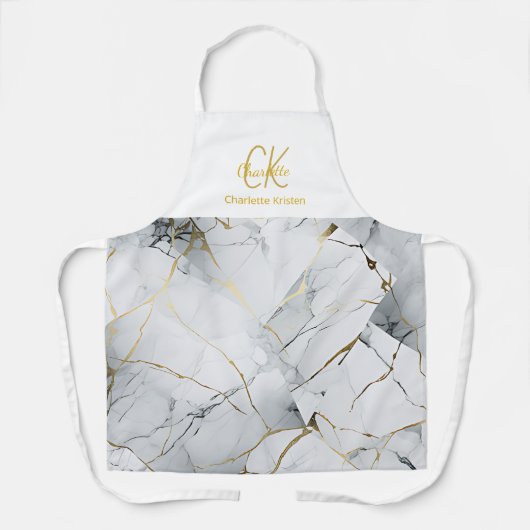 Moderne Elegante Witte en Gouden Monogram Naam Schort (Voorkant)