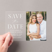 Moderne elegante witte foto Bewaar de datum Acryl Uitnodigingen (Insitu (Draagbaar))