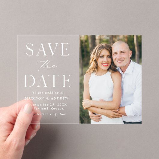 Moderne elegante witte foto Bewaar de datum Acryl Uitnodigingen (Insitu (Draagbaar))