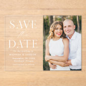 Moderne elegante witte foto Bewaar de datum Acryl Uitnodigingen (Voorkant)