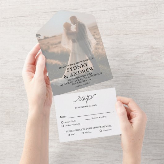 Moderne elegante witte foto RSVP bruiloft All In One Uitnodiging (Afscheurbaar)