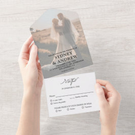 Moderne elegante witte foto RSVP bruiloft All In One Uitnodiging