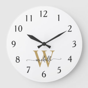 Moderne Elegante Witte Gouden Initiaal Naam Script Grote Klok