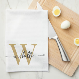 Moderne Elegante Witte Gouden Initiaal Naam Script Theedoek