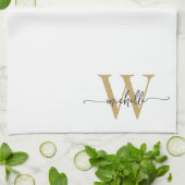 Moderne Elegante Witte Gouden Monogram Naam Schrif Theedoek (Gevouwen)