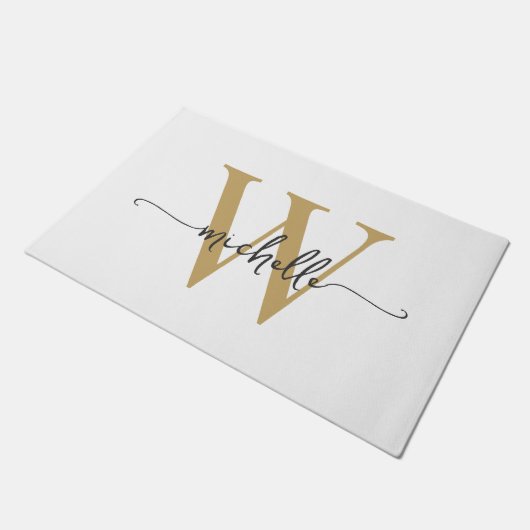 Moderne Elegante Witte Gouden Monogram Naam Script Deurmat (Schuin)