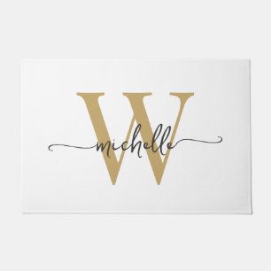 Moderne Elegante Witte Gouden Monogram Naam Script Deurmat