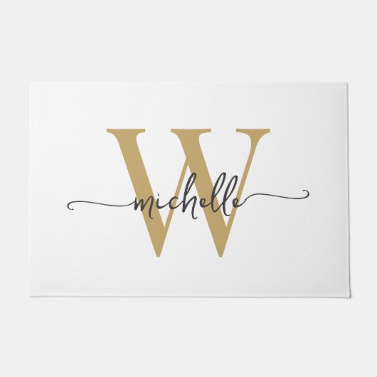 Moderne Elegante Witte Gouden Monogram Naam Script Deurmat (Voorkant)