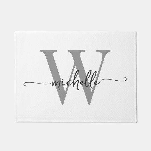 Moderne Elegante Witte Grijze Monogramnaam Schrift Deurmat (Voorkant)