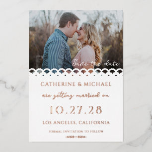 Moderne Elegante Witte Kanten Foto Save The Date Folie Uitnodiging