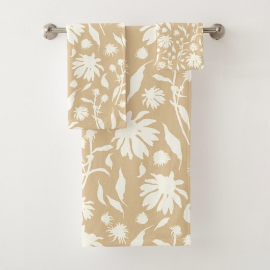 Moderne Elegante Witte Kegelbloemen Beige Bad Handdoek (Insitu)