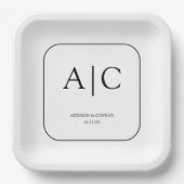 Moderne elegante witte monogram bruiloft plein papieren bordje (Voorkant)