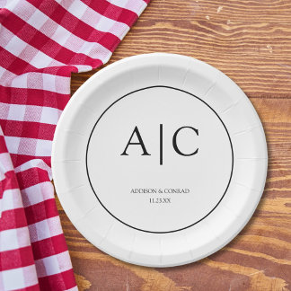 Moderne Elegante Witte Monogram Trouw Rond Papieren Bordje