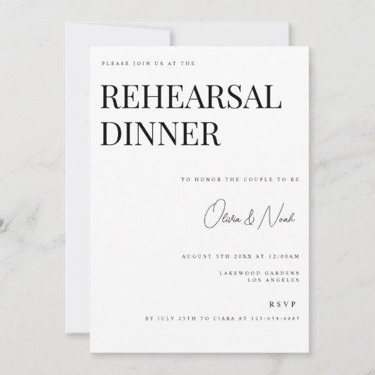 Moderne & Elegante Witte Oefenavond Dinercard Kaart (Voorkant)