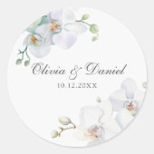 Moderne Elegante Witte Orchidee Bruiloft Ronde Sticker (Voorkant)