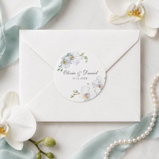 Moderne Elegante Witte Orchidee Huwelijk Ronde Sticker