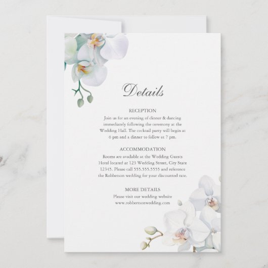 Moderne elegante witte orchideeën bruiloft details kaart (Voorkant)