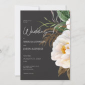 Moderne elegante witte pioenen op zwarte bruiloft kaart (Voorkant)