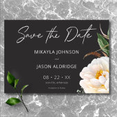 Moderne elegante witte pioenen op zwarte bruiloft save the date