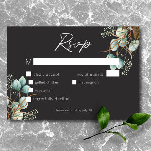 Moderne Elegante Witte Pioenen Zwart Trouwdiner RSVP Kaartje