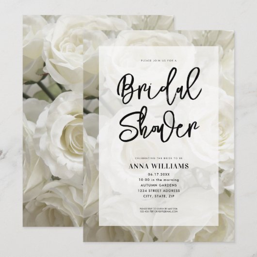 Moderne Elegante Witte Roos Bloemrijke Bruidsfeest Kaart (Voorkant / Achterkant)