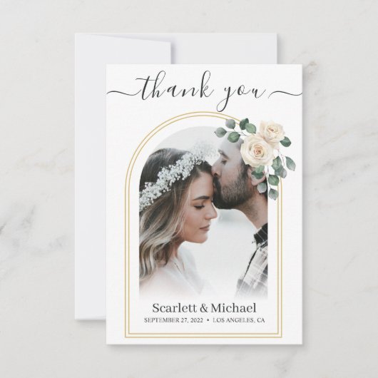 Moderne Elegante Witte Roos & Gouden Boog Bruiloft Bedankkaart (Voorkant)