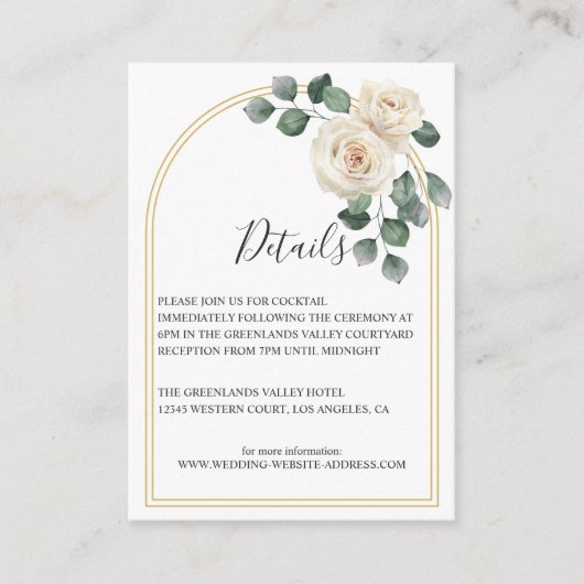 Moderne Elegante Witte Roos & Gouden Boog Bruiloft Informatiekaartje (Voorkant)