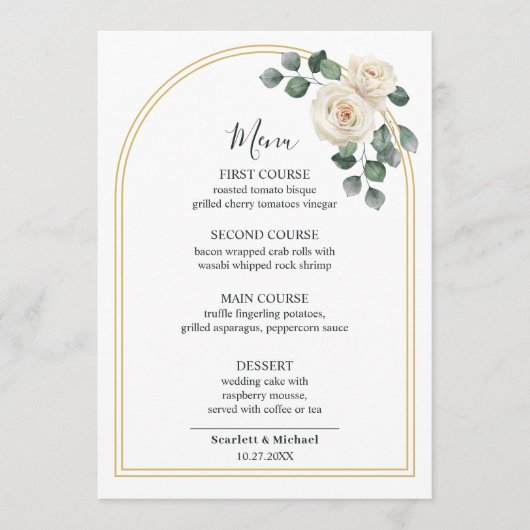 Moderne Elegante Witte Roos & Gouden Boog Bruiloft Menu (Voorkant)
