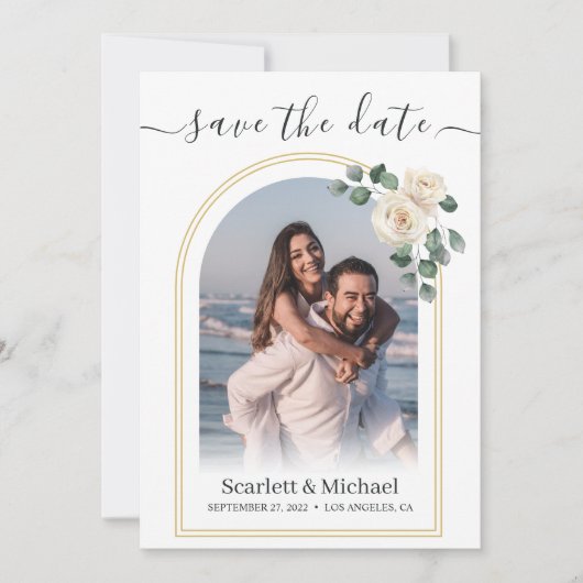 Moderne Elegante Witte Roos & Gouden Boog Bruiloft Save The Date (Voorkant)