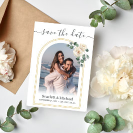 Moderne Elegante Witte Roos & Gouden Boog Bruiloft Save The Date