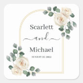 Moderne Elegante Witte Roos & Gouden Boog Bruiloft Vierkante Sticker (Voorkant)