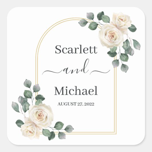 Moderne Elegante Witte Roos & Gouden Boog Bruiloft Vierkante Sticker (Voorkant)
