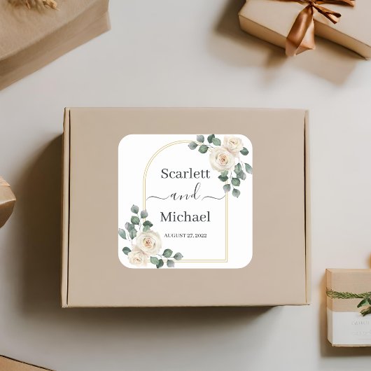 Moderne Elegante Witte Roos & Gouden Boog Bruiloft Vierkante Sticker