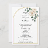 Moderne Elegante Witte Roos & Gouden Boog Trouwdag (Voorkant)