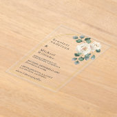 Moderne Elegante Witte Roos & Gouden Boog Trouwdag Acryl Uitnodigingen (Laagn)