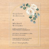 Moderne Elegante Witte Roos & Gouden Boog Trouwdag Acryl Uitnodigingen (Voorkant)